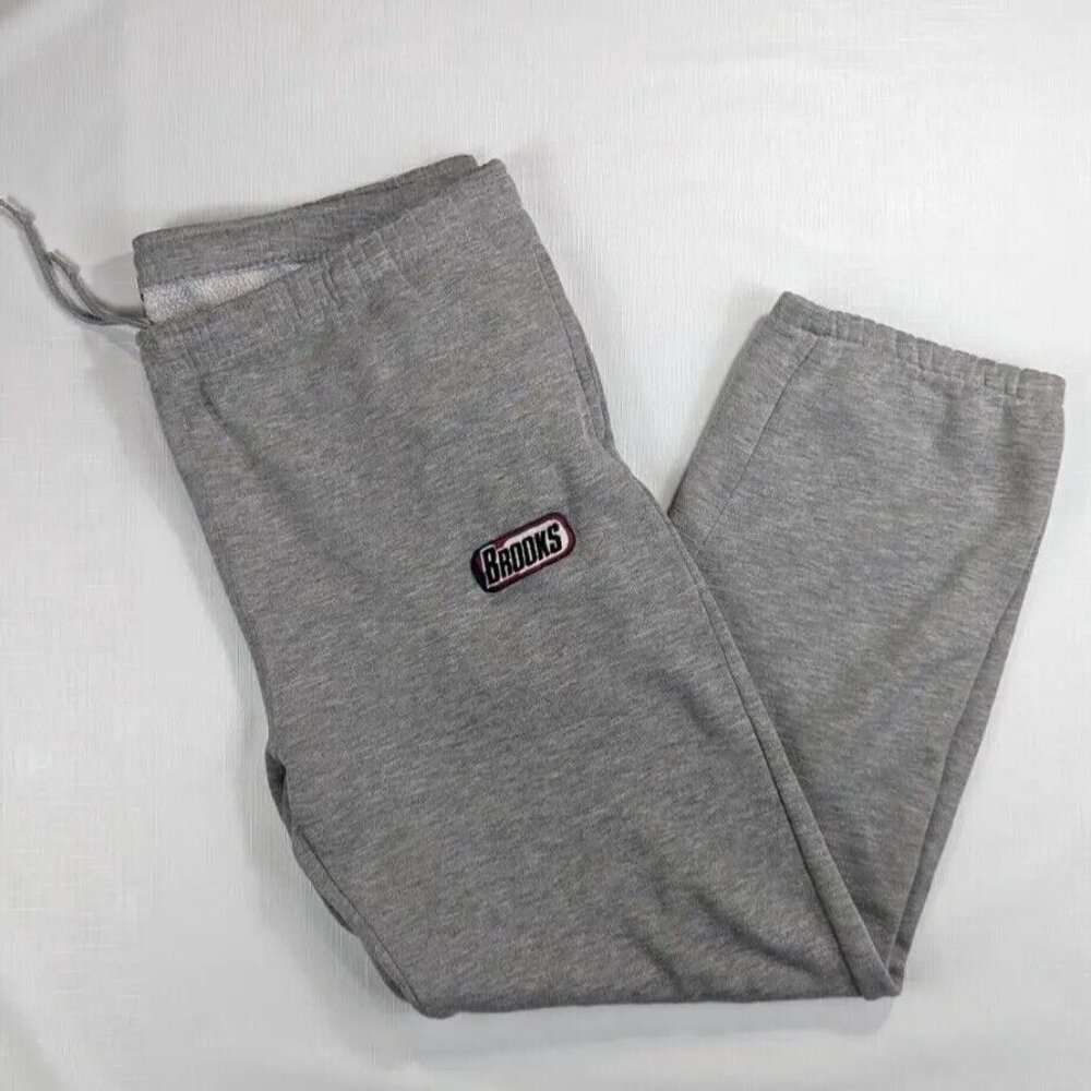 Brooks Sweatpants Men's Medium Gray Pockets Drawstring Embroidered Fleece